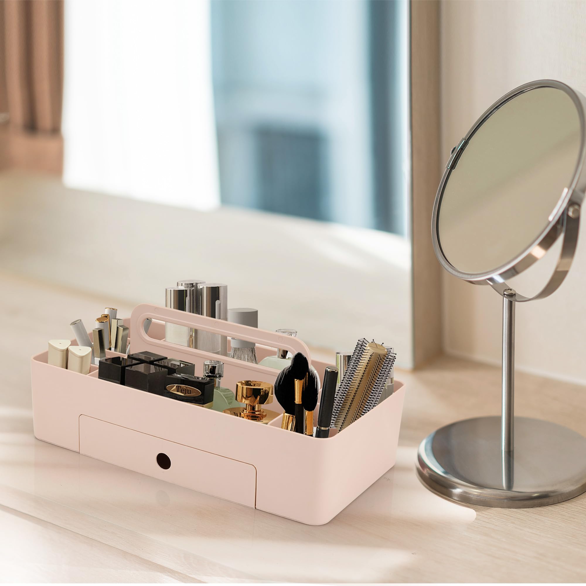 Organizador multiusos con asa, 8 compartimentos y 1 cajón pequeño, suministros de manualidades, oficina, escritorio, soporte para bolígrafos de papelería, maquillaje, baño, ducha, limpieza