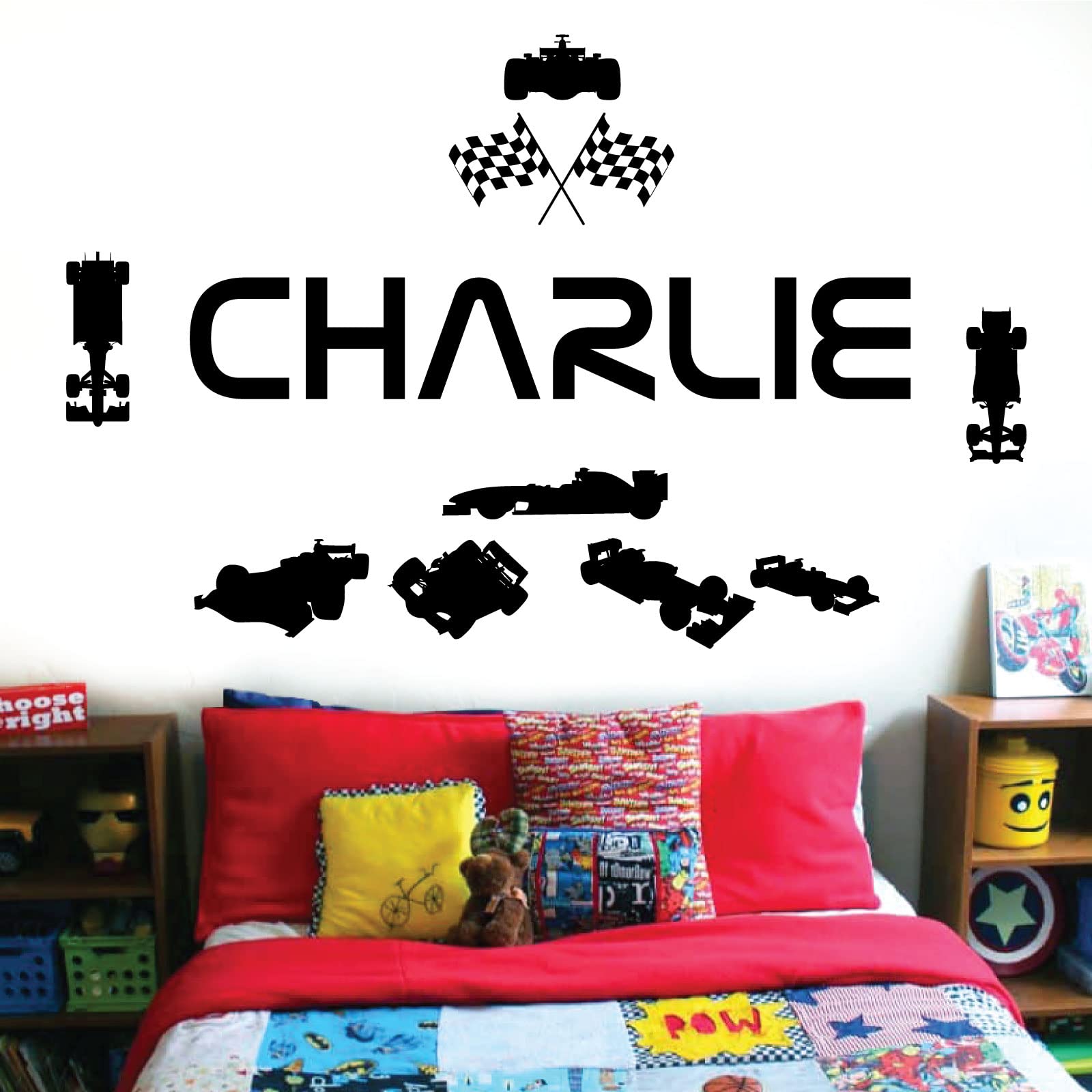 Personalised Name Children Wall Art Sticker - Racing Driver Formula 1 Cars Sport [Medium] [Black]