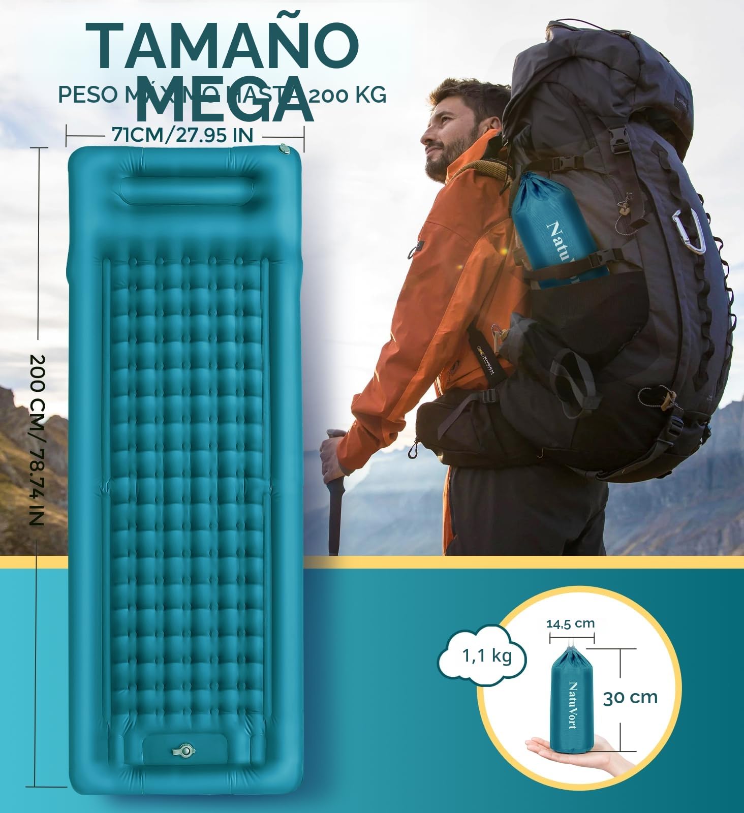 Colchón Hinchable 12CM Esterilla Camping Autoinflable, Colchoneta Camping con Almohada Colchoneta Autoinflable para Campin g, Senderismo, Playa, Tienda de Campaña,Azul Turquesa