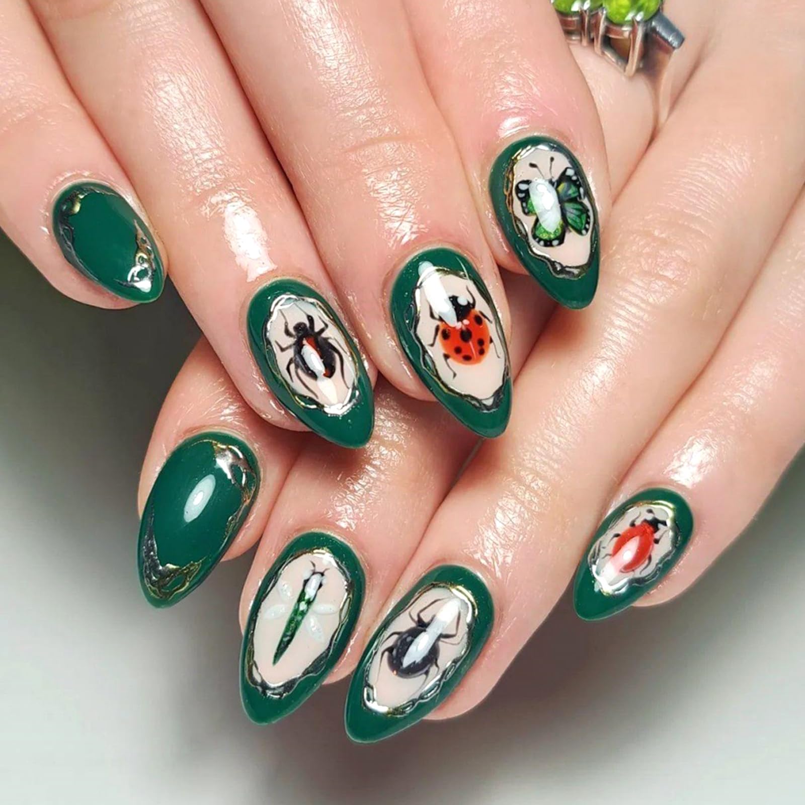 Green Press on Nails Medium Almond Forest Insect Fake Nails Seven-spotted Ladybug Butterfly Spider Design False Nails Glossy Full Cover Glue on Nails