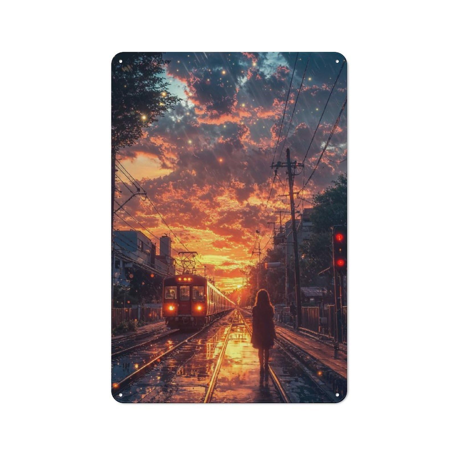 Junmoney Japanese Train In Sunset Retro-Style Metal Sign 30X20cm For Studio Or Craft Room, Gift For Studio Decor Lovers During The Christmas Season