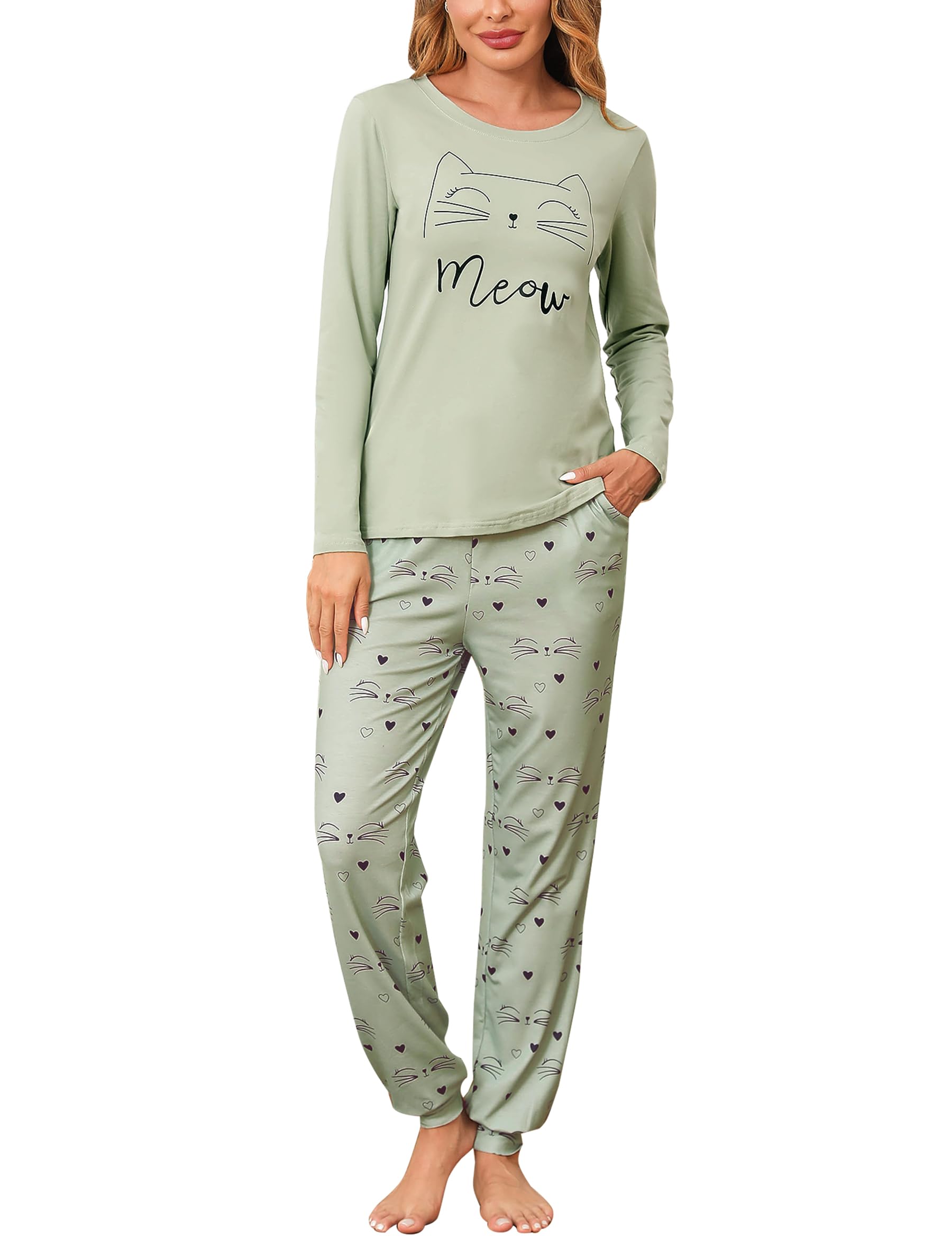 Sykooria Schlafanzug Damen Lang aus Baumwolle mit Print | Zweiteiliges Pyjama Set mit Langarm-Oberteil, Kontrastkante und langer Pyjamahose für Nacht und Zuhause.