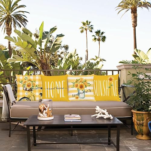 Miniatura 5 de Juego de 4 fundas de almohada de girasol de 18 x 18 pulgadas, fundas de almohada de verano, fundas de almohada cuadradas de algodón y lino para