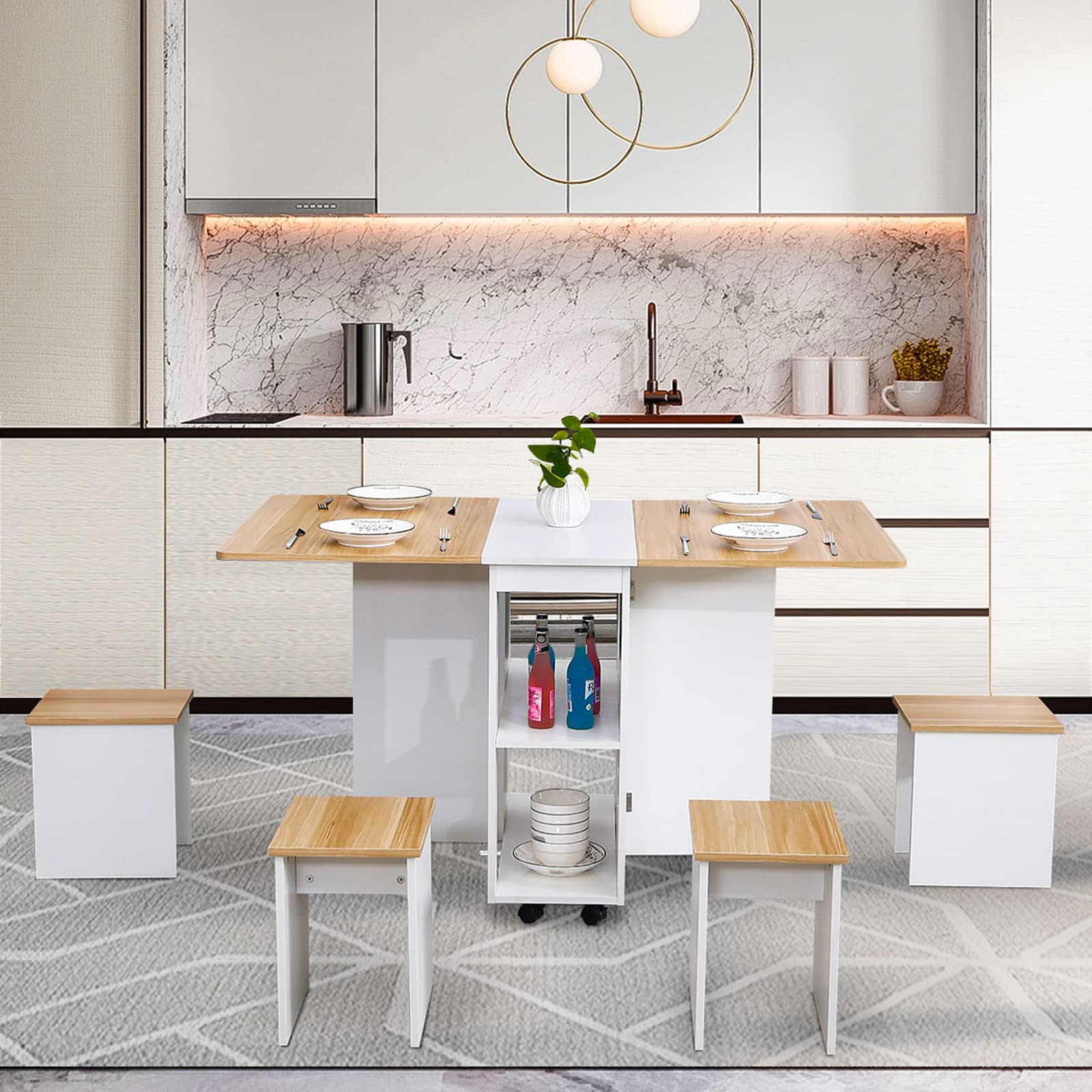 Buy DINAZA Folding Dining Table Set Drop Leaf Table with 6 Wheels