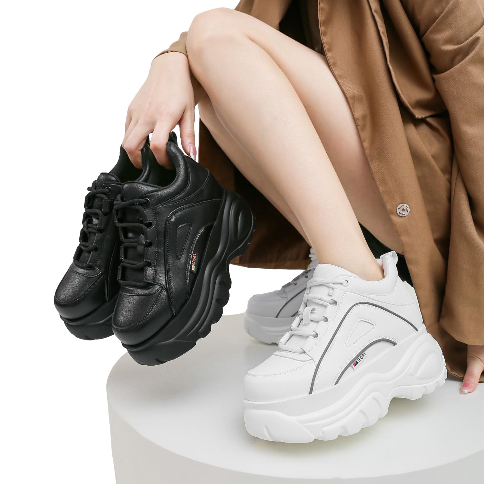 ANUFER Mujer Plataforma Alta Chunky Zapatos Deportivos Casual con Cordones Zapatillas de Papá