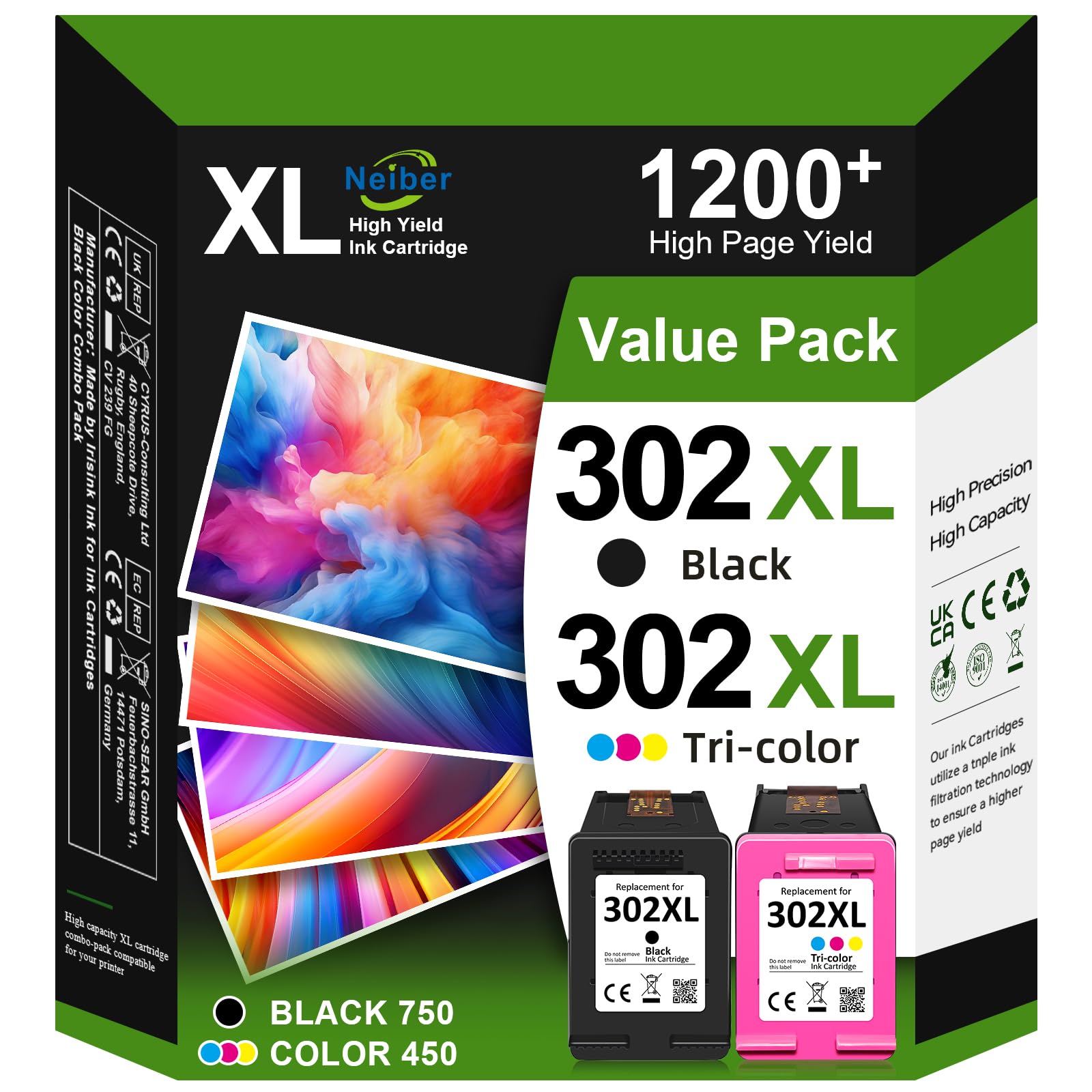 Neiber 302XL Wkłady atramentowe kompatybilne z HP 302XL, 302XL do wkładów HP 302 do OfficeJet 3833 3831 3835 5230 5232 4650 3830 DeskJet 3639 3630 2130 363636 Opakowanie 4 szt. 527 4524 4520 4521