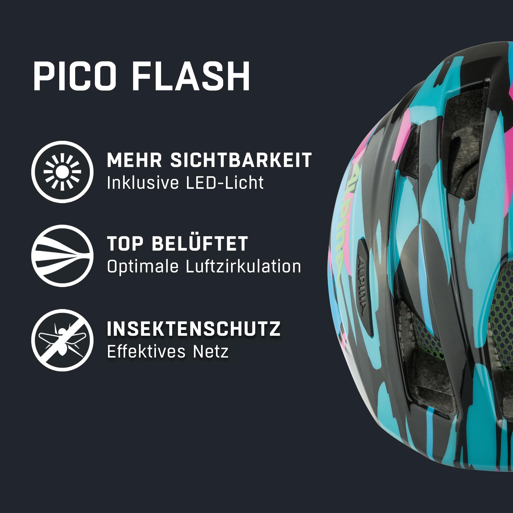 ALPINA Unisex - Dzieci, PICO FLASH Kask rowerowy, neon-blue pink gloss, 50-55 cm