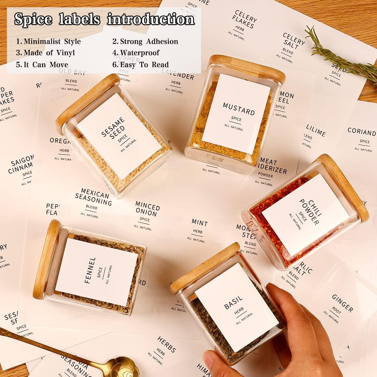 12 Pcs Square Glass Spice Jars with Natural Bamboo Lids - 5oz Airtight Herb Containers with 148 Waterproof Minimalist Spice Labels Preprinted - Empty Small Seasoning Jars for Kitchen Pantry - Image 3
