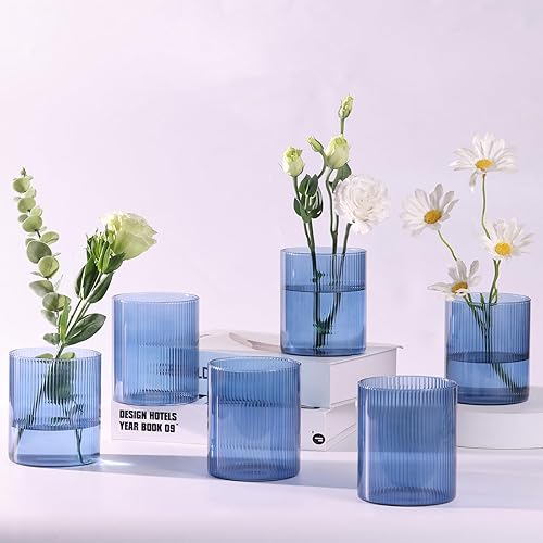 Glass Ribbed Cylinder Vase Set of 6,Bud Vase for Wedding Centerpieces,Clear Ribbed Glass Flower Vases Bulk,Hurricane Floating Candle Holder 4 Inch,Decorative Vases for Home Decor(Blue)
