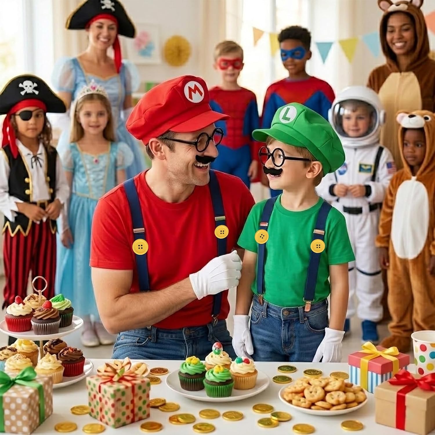 Super Bros Costume Kit with Hat, Mustaches, Suspenders, Gloves Buttons ANG Glasses Frame for Halloween, Cosplay and Christmas