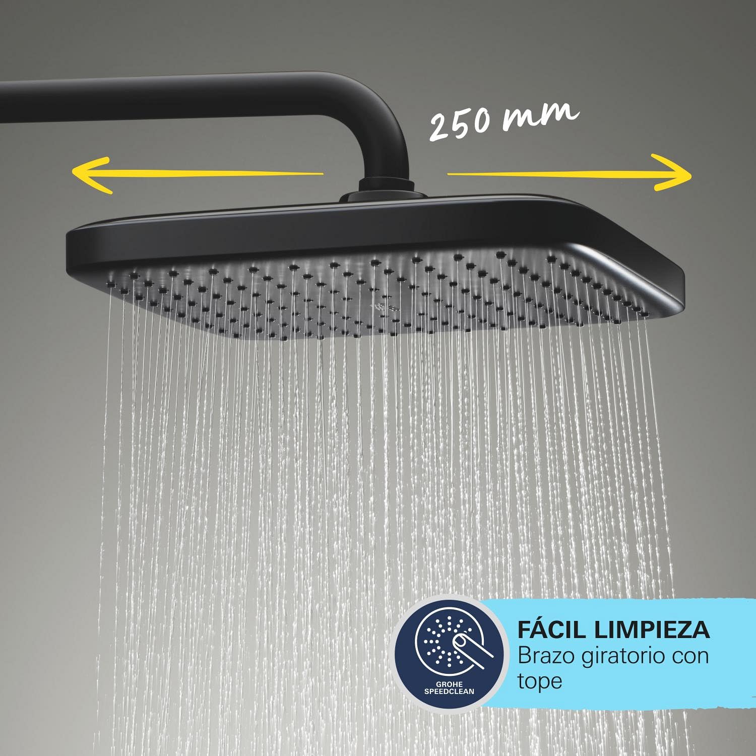 GROHE Vitalio Comfort 250 Flex - Sistema de ducha con desviador (Rociador cuadrado 25cm 2 chorros, Teleducha 11cm 2 chorros, barra 74 cm), Negro mate, 266982431