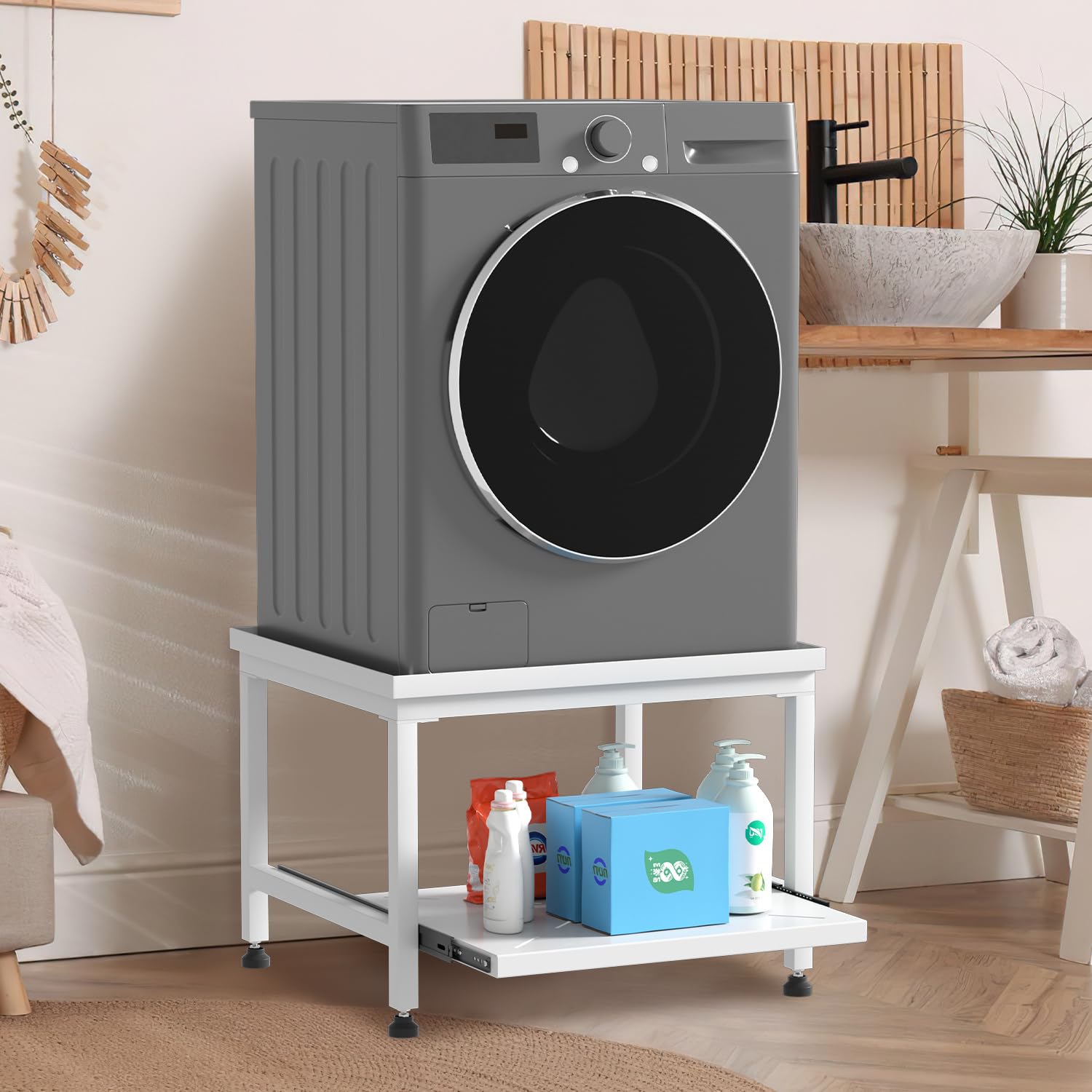 Base per lavatrice 45,5 cm, con cassetto, piedini regolabili in altezza e cuscinetti antiscivolo, fino a 200 kg, piedistallo per lavatrice/asciugatrice, bianco