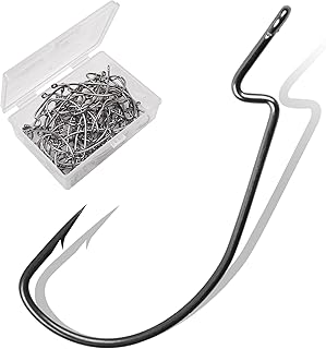 Offset Worm Hooks for Bass Fishing, 50/150pcs Bass Hooks 3X Strong Wide Gap Worm Fishing Hooks for Soft Plastic Bait Jig Fish Hooks for Bass Trout 1-5/0