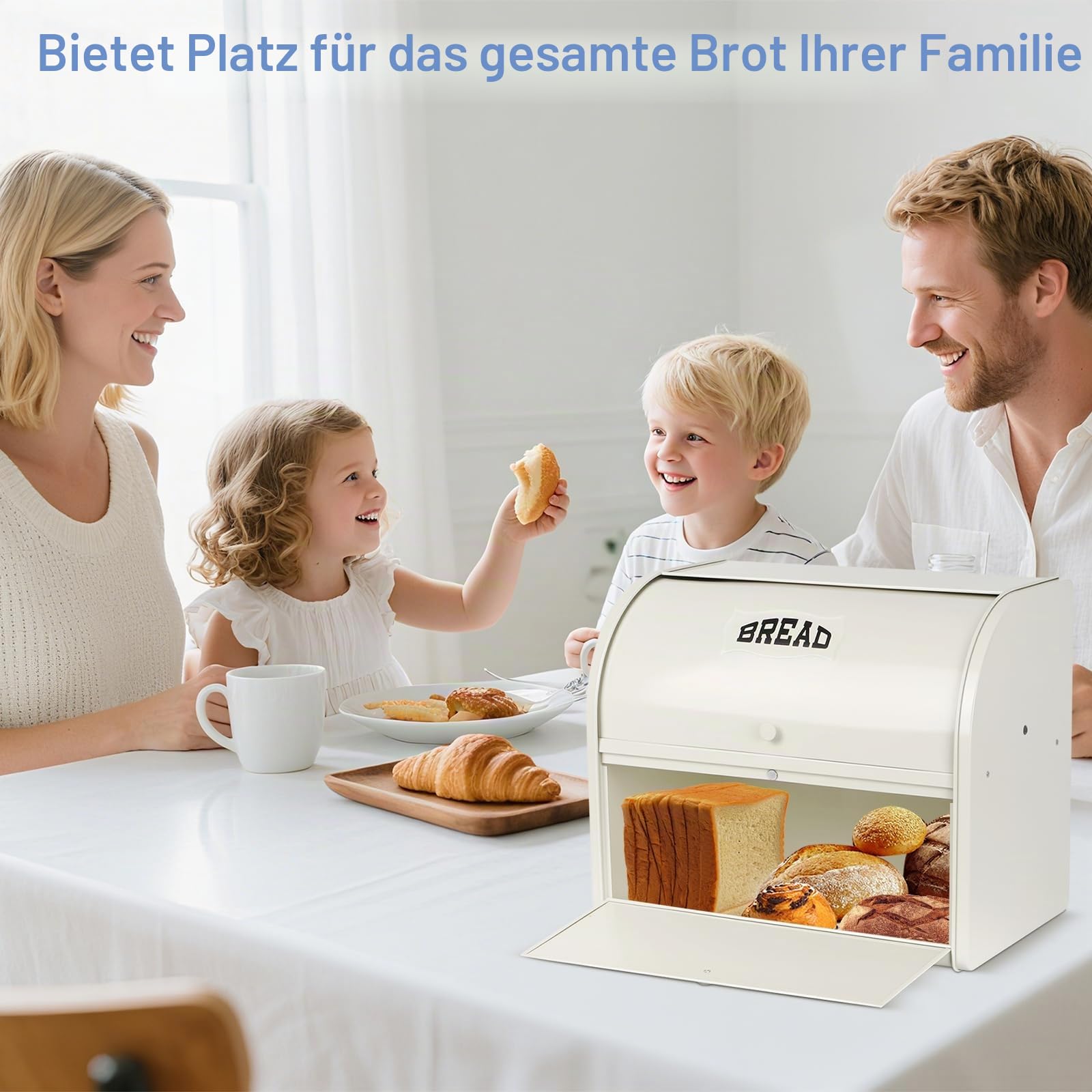 Edelstahl Brotkasten 2 Etagen mit Rolltop Deckel, extragroßer Brotbox Schwarz, Metall Brotbehälter bereits montiert, 40x24x32 cm Küchenaufbewahrung, geeignet für Gebäck und Kekse, Milchweiß