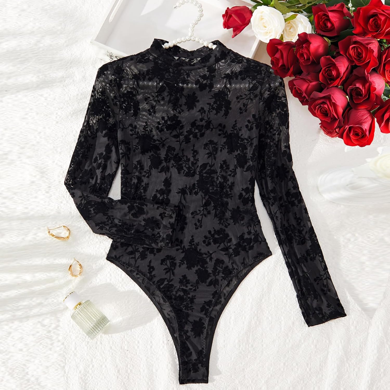 BIGFOX Women's See Through Bodysuit, Black Long Sleeve Lace Floral Mesh Leotard Shapewear Jumpsuit for Going Out, Club, Rave - Image 4