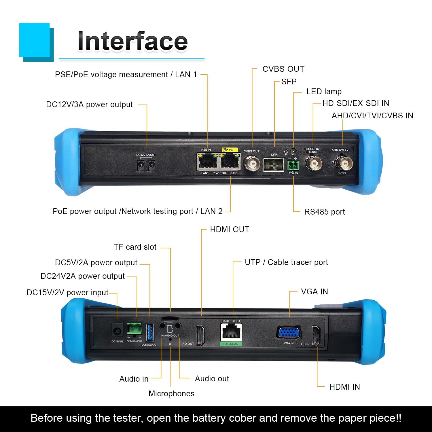 Tester per telecamera IP 8K, tester CCTV da 7 pollici Touchscreen 8MP TVI CVI AHD SDI CVBS tester per cavi RJ45 PoE strumenti di rete RS485 WiFi HDMI I/O VGA in (IPC-9800CADHS Pro)