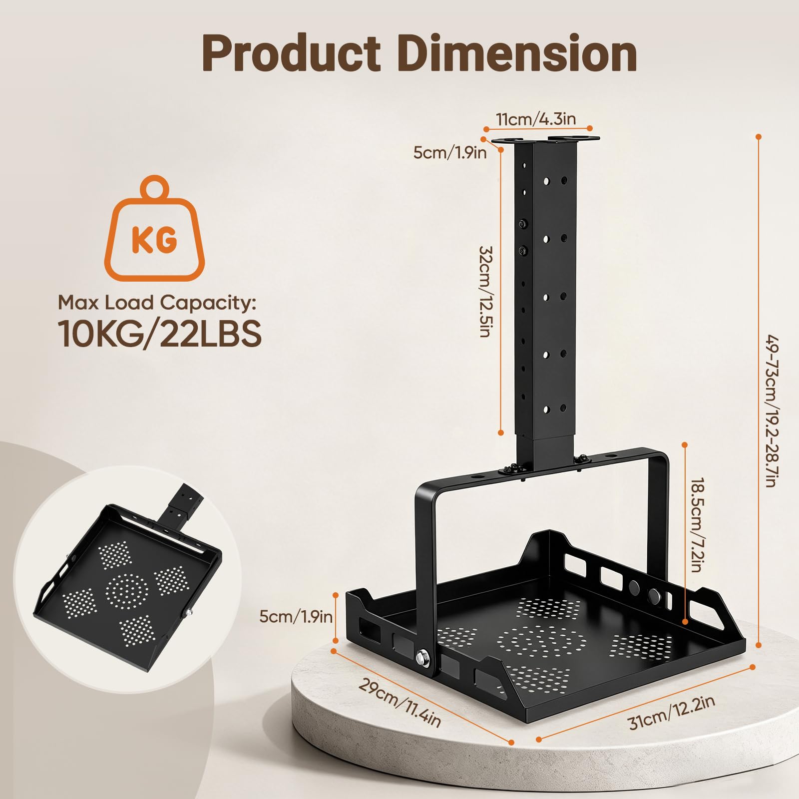 Support de projecteur pour plafond et mur, réglable (49-73 cm) avec plateau inclinable à 360°, charge maximale de 10 kg, guide de câble intégré pour home cinéma, bureau et salle de classe