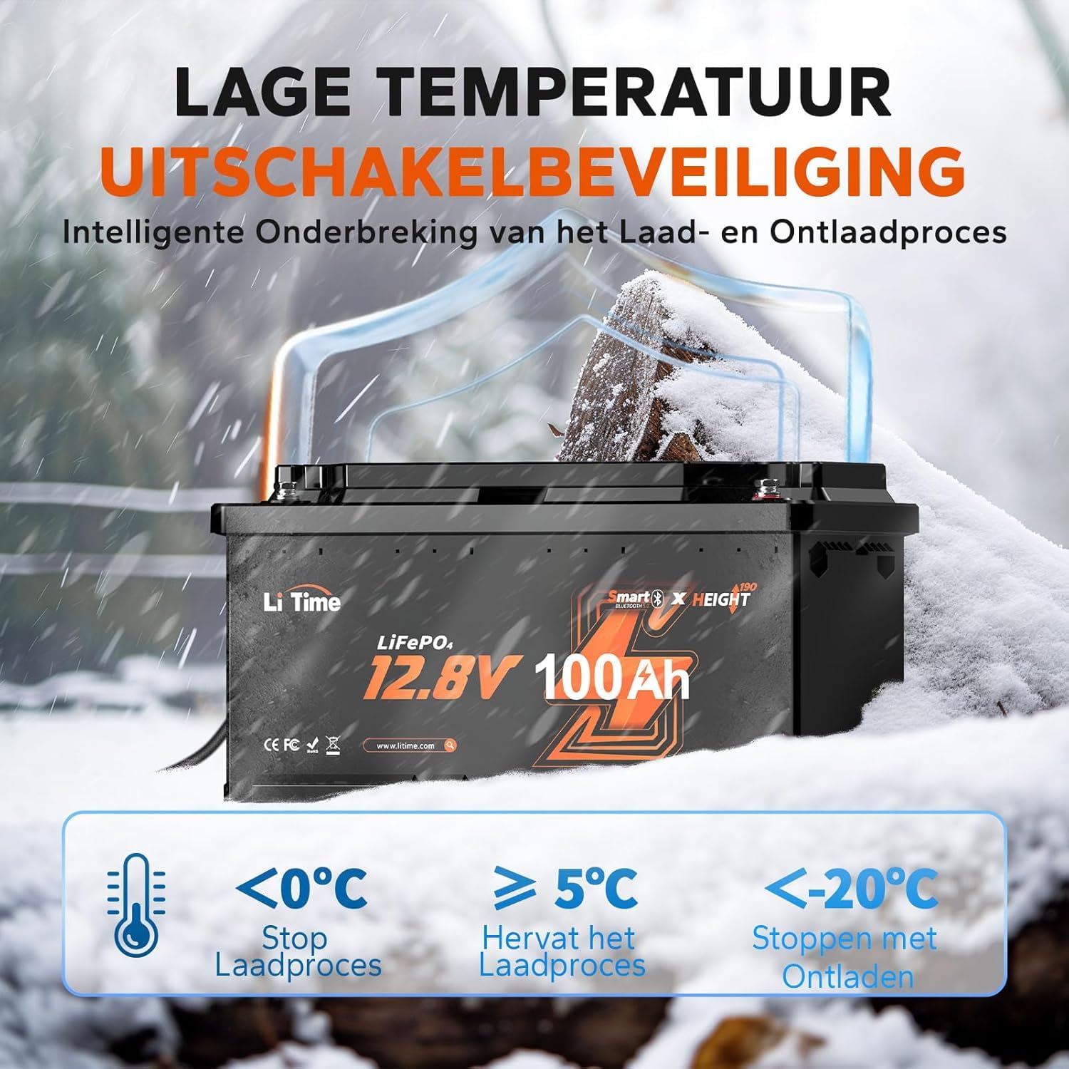 LiTime Batterie Lithium LiFePO4 12V 100Ah H190 avec Bluetooth pour Sièges de Camping-Car DIN H8 L5, 4000-15000 Cycles Profonds, BMS 100A, Énergie 1280Wh, Parfait pour Caravane RVs, Fourgons