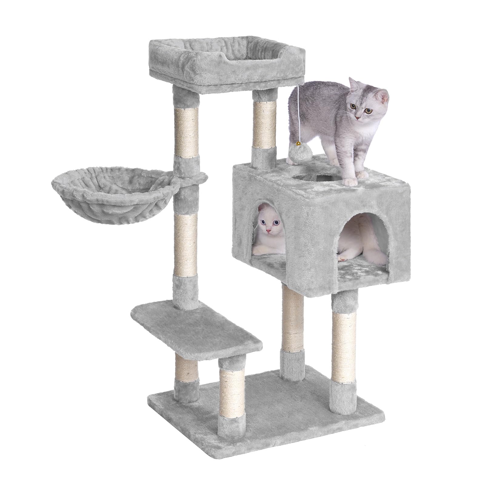 Oak&Tea Kratzbaum für Katzen mit Schlaffläche & Spielzeug – Kompakter Katzenkratzbaum aus Sisal, Kratzbrett und kuscheligem Katzenbett – Ideal als platzsparender Kratzbaum klein für Haus （Hellgrau）