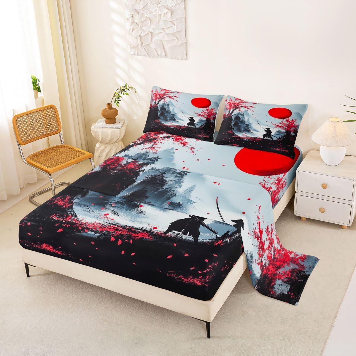 Feelyou Samurai Bed Sheets Set Queen Size Sunset Bed Set for Kids Boys Girls Japanese Ukiyoe Deep Pocket Fitted Sheet Breathable Soft Lightweight Microfiber