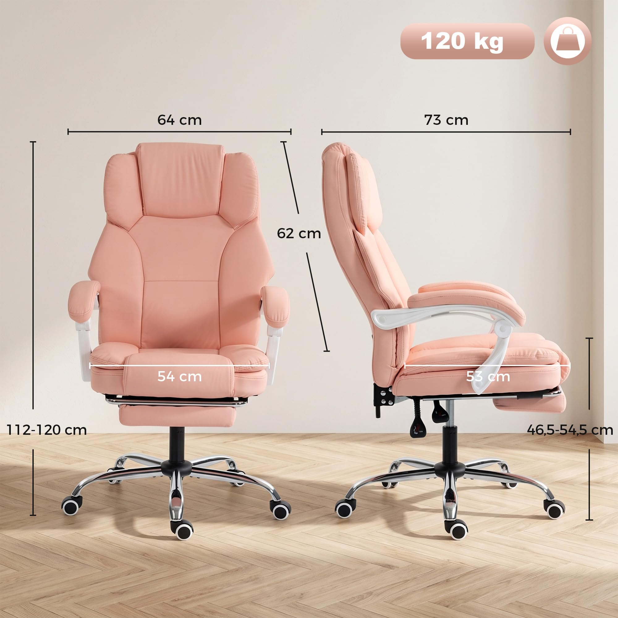HOMCOM Sedia da Ufficio Reclinabile con Poggiapiedi, Similpelle Antigraffio Pet-Friendly, Schienale Alto e Ampio, Altezza Regolabile, Ruote Girevoli, Molle Insacchettate, Rosa