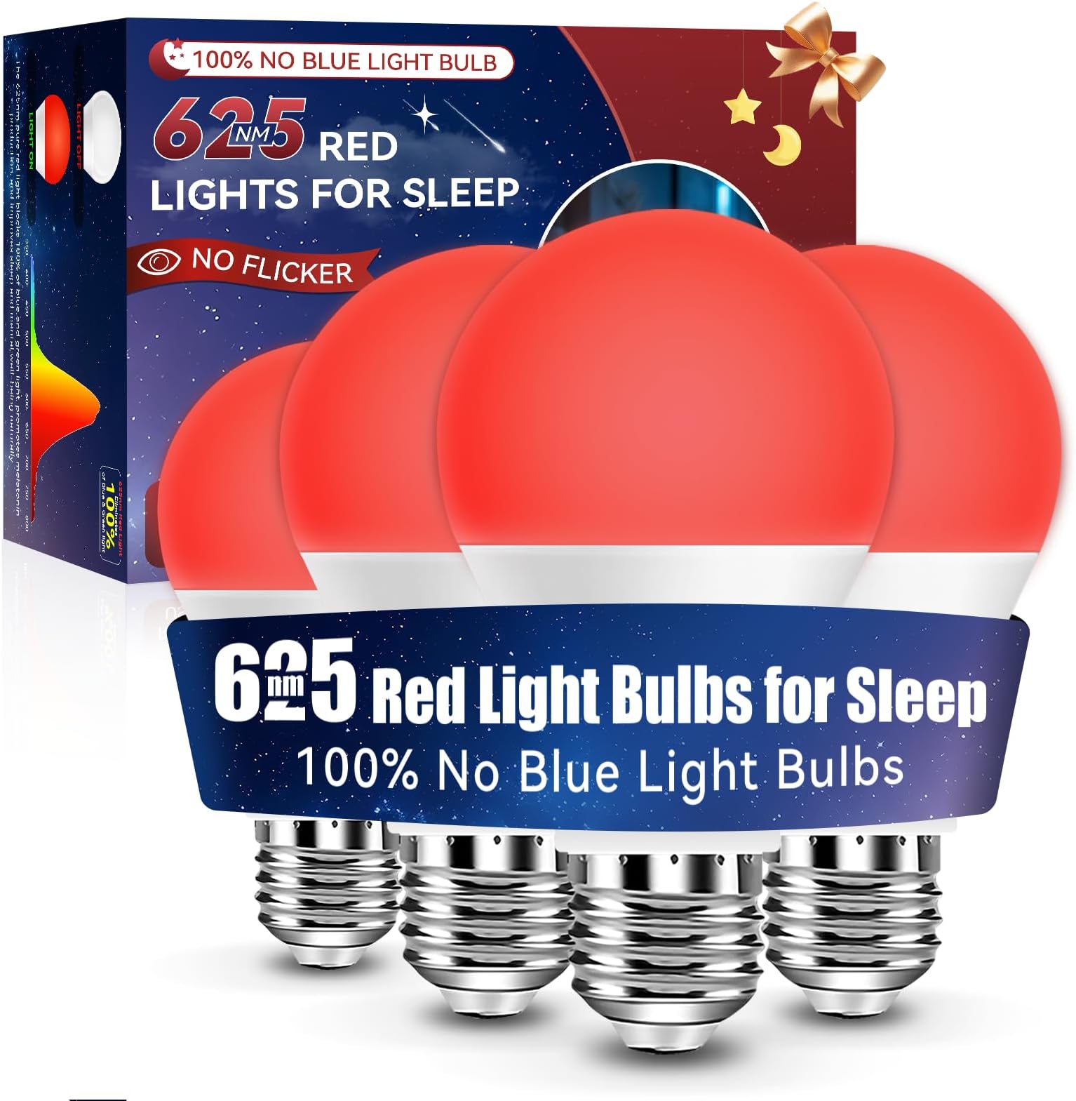 Neporal 625nm Red Light Bulbs for Sleep 9W, 100% Blue Light Blocking Red Night Light, Sleep Light Bulb for Melatonin Promoting, A19 60W Equivalent Dim Light Bulbs for Bedroom, Baby Nursery,4 Packs