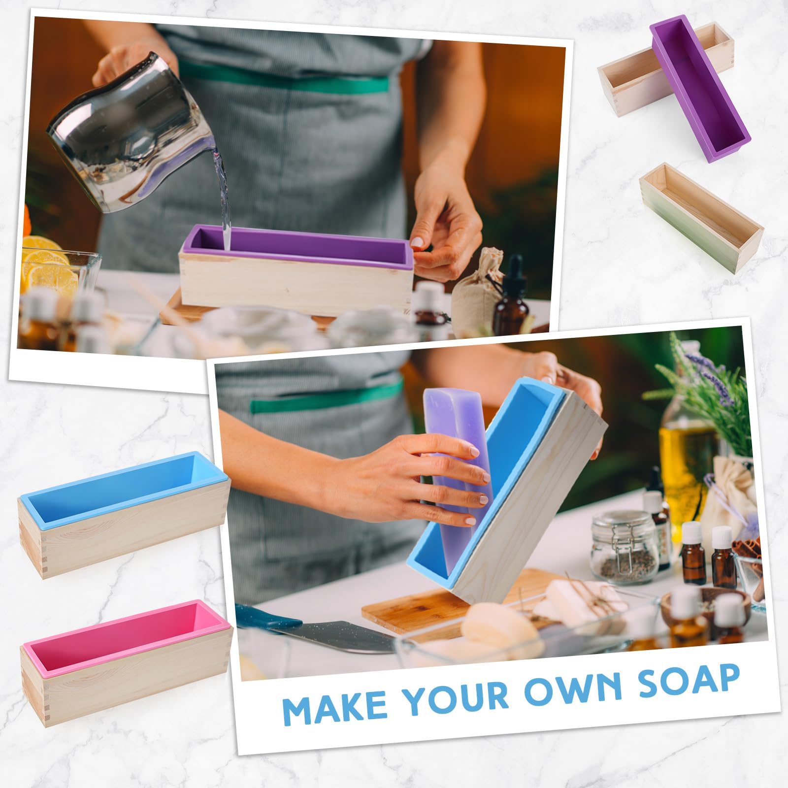 Ziliny 3 moldes de jabón de 42 onzas, moldes rectangulares de silicona para hacer jabón con 3 cajas de madera, moldes flexibles para hacer jabón artesanal, herramientas caseras (morado, rosa, azul)