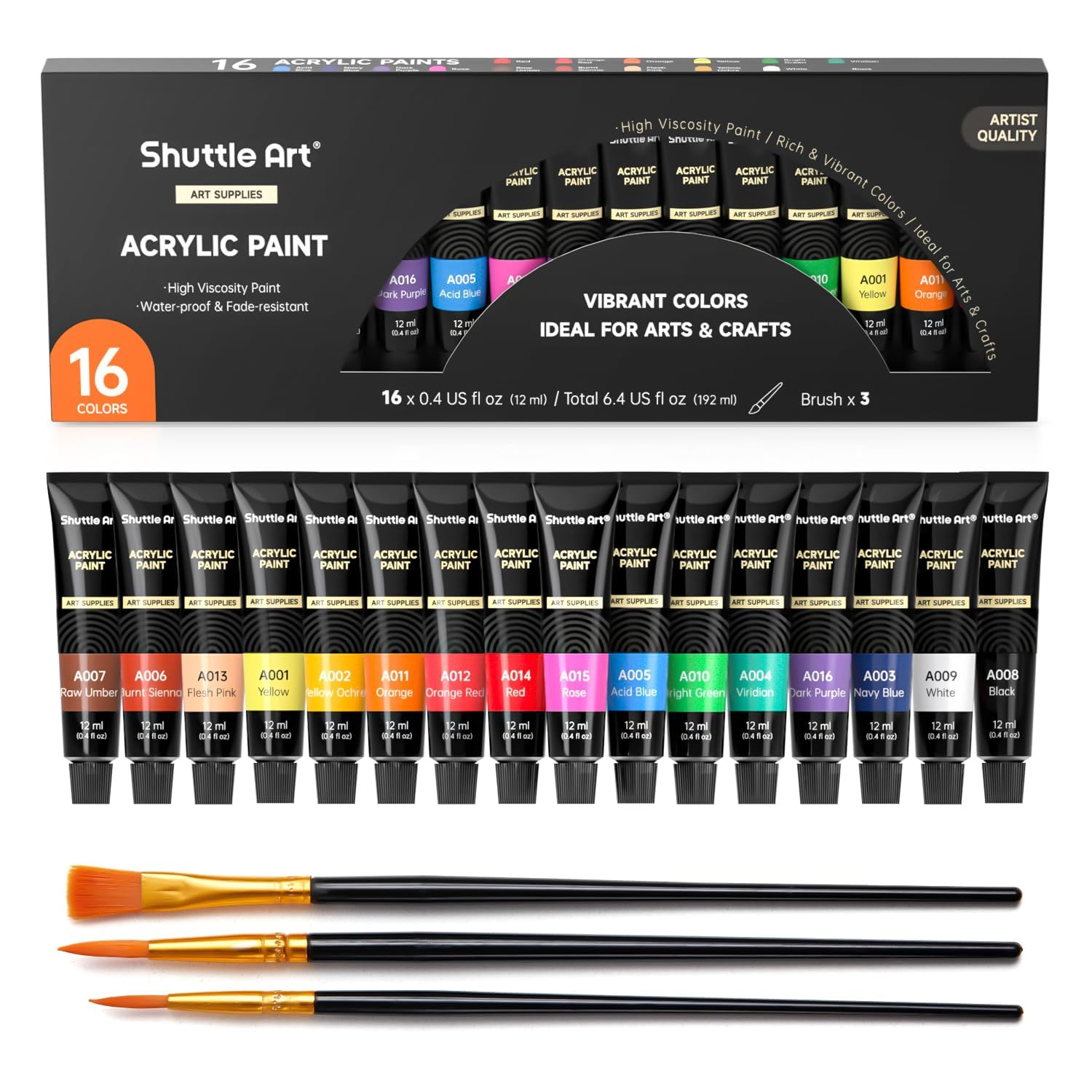 Shuttle Art Kit Pinturas Acrilicas 16 Tubos (12ml), Acrílico en Colores Ricos con 3 Pinceles, No Tóxicos, Ideales Pintura para Tela, Lienzo, Madera, Arcilla, Cerámica para Adultos y Niños
