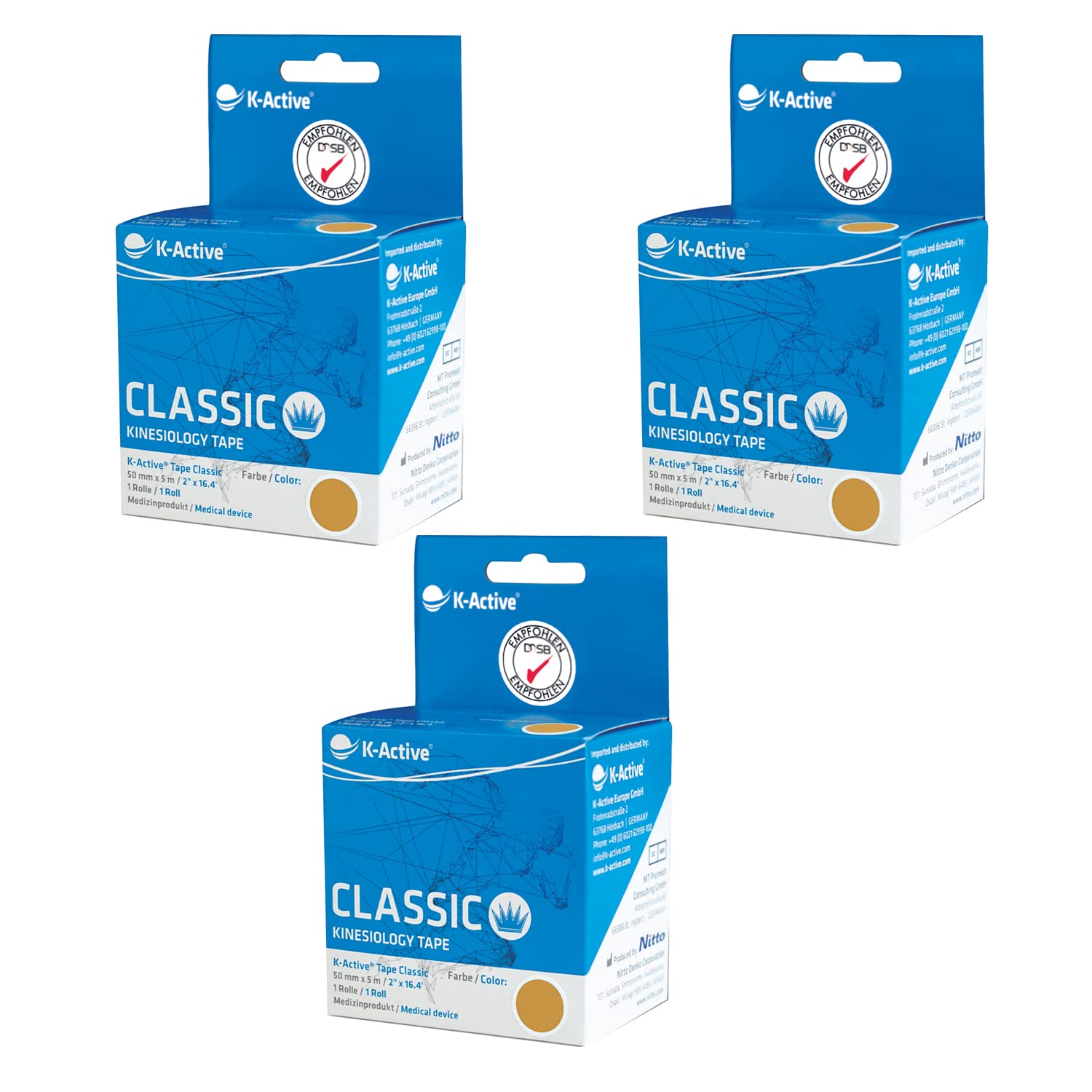 K-Active Kinesiologie Tape Classic BEIGE, wasserabweisend und hypoallergen, 50 mm x 5 m, 3 Rollen