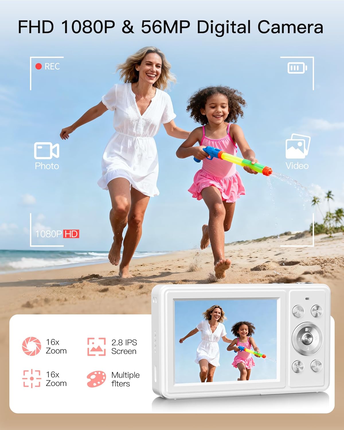 digital camera, fhd 1080p point and shoot camera with 32gb sd card, 2 batteries, 16x zoom, anti shake, compact small design for kids teens students girls boys (white)