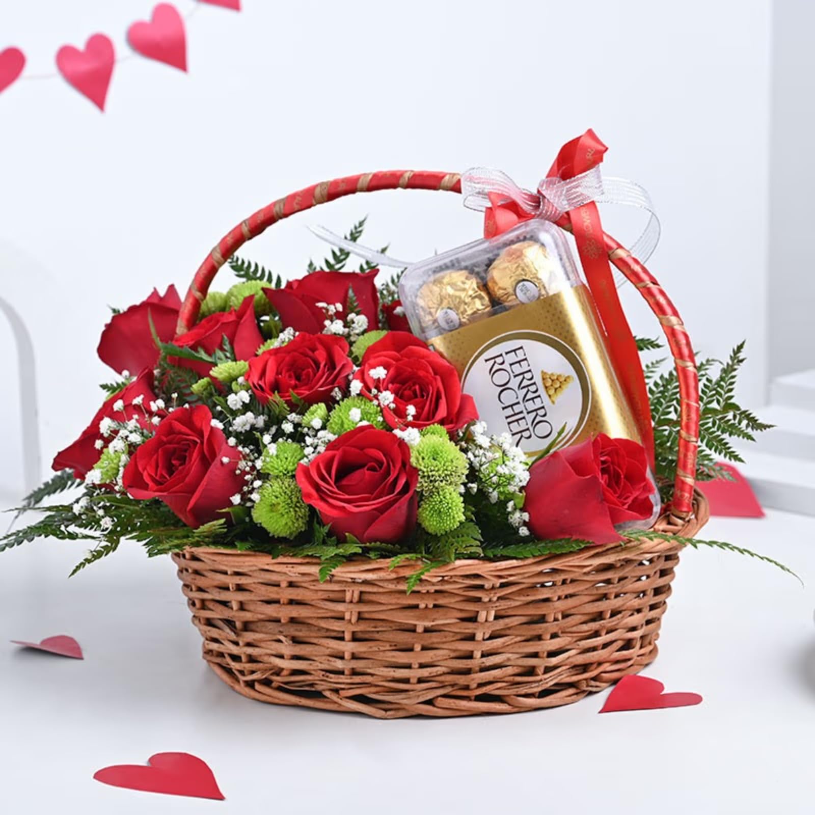 FlowerAura Romantic Hamper Includes Fresh Live 11 Red Roses Flowers With 16 Chocolates In Basket For Valentine's Day Gift, Birthday Gift, Anniversary Gift & Mother's Day Gift (Same Day Delivery)