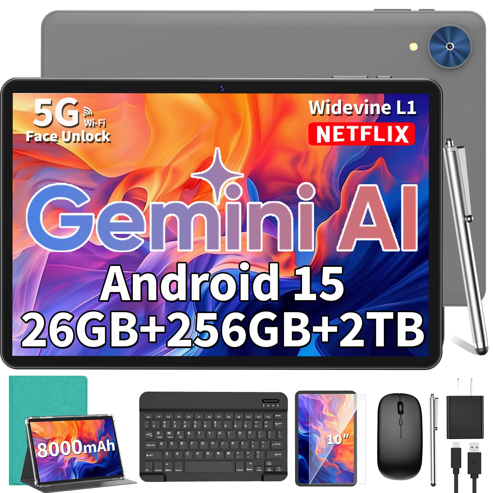 Relndoo - 10.1 inch Android 15 tablet with keyboard, 24GB+256GB+2TB expandable, 2 in 1 tablets with keyboard case and stylus, Gemini AI, 8 cores, 8000mAh, 5G WiFi, GMS, GPS-image-45