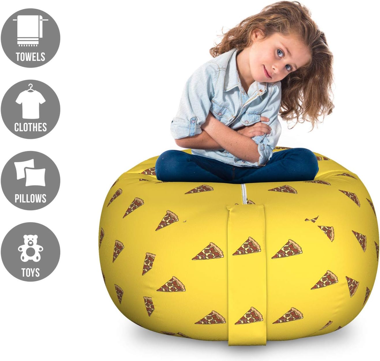 Ambesonne Italy Storage Toy Bag Chair, Delicious Homemade Italian Style Pepperoni Pizza Slices with Sausage, Stuffed Animal Organizer Washable Bag, Large Size, Mustard and Multicolor