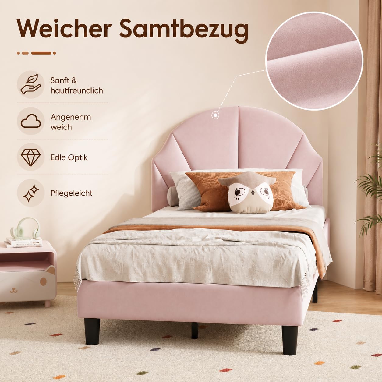 Letto singolo 90 x 200 cm, letto per bambini imbottito con rete a doghe per bambina, letto giovane imbottito con testiera regolabile per cameretta dei bambini, senza materasso