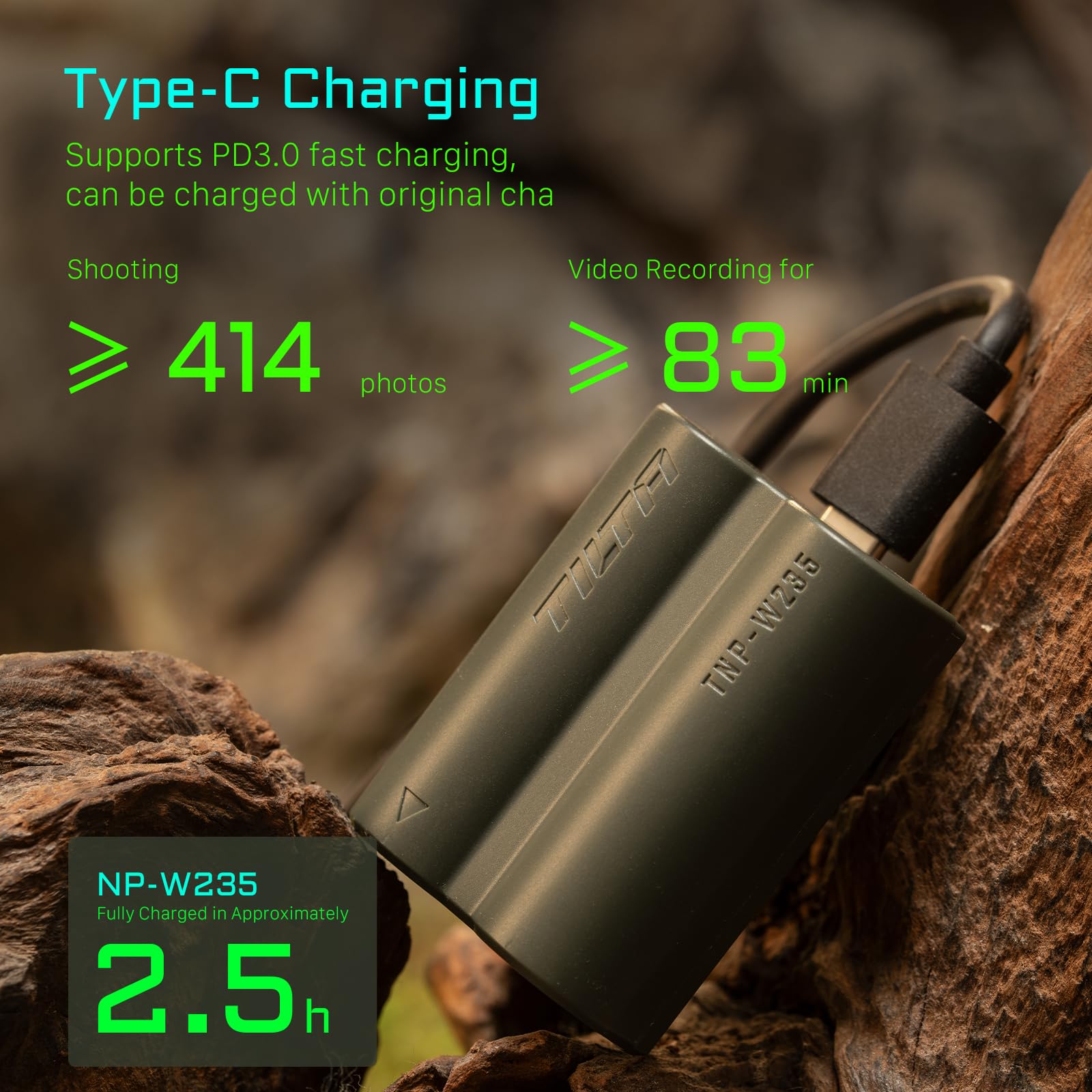 Tilta Batteria NP-W235 2400 mAh Batteria di Ricambio Compatibile con FUJIFILM X-S20, XT5, XT4, GFX100S Ⅱ, GFX100 Ⅱ, XH2S con Porta USB-C TNP-W235-GN