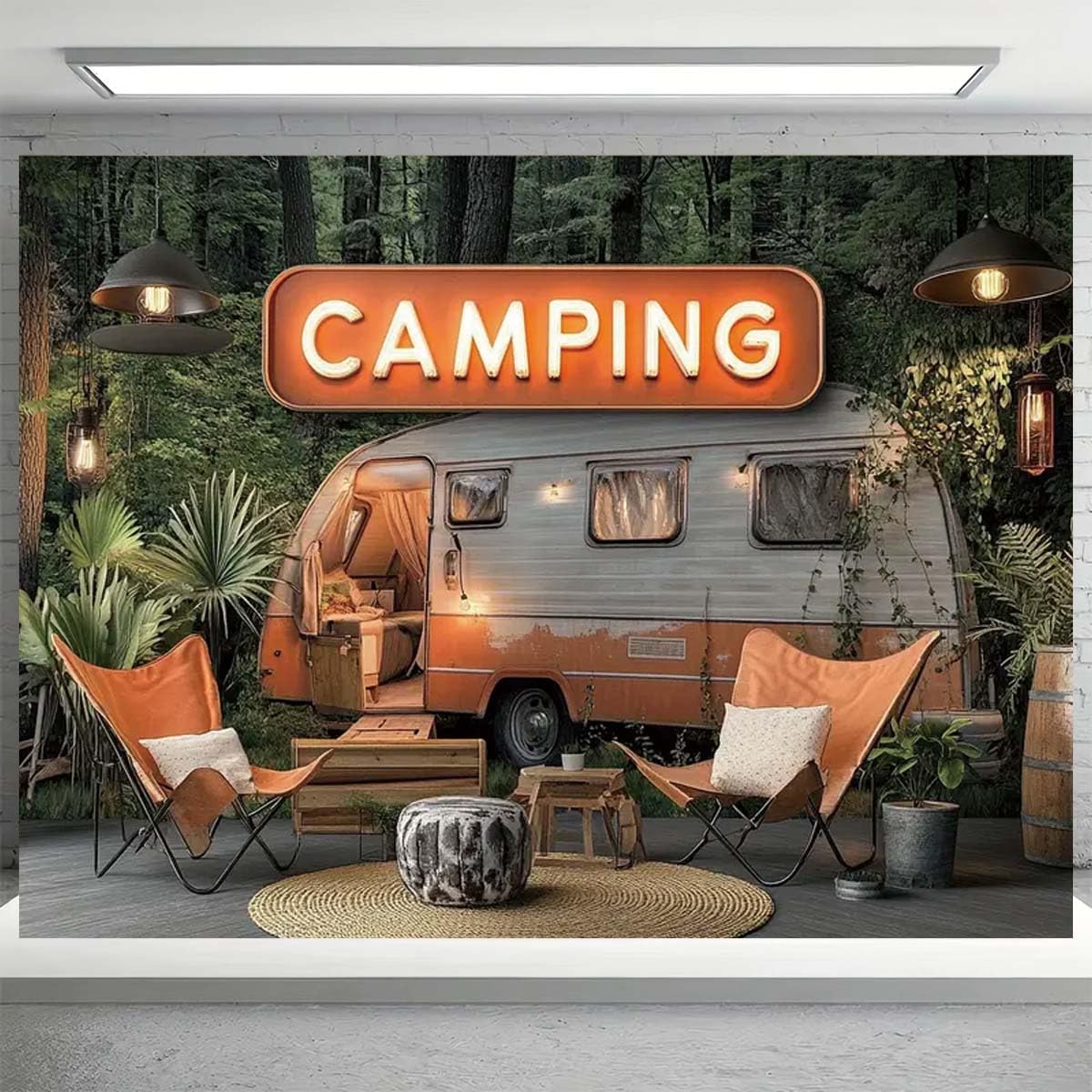 Fondo de fotografía de caravana vintage de bosque de campamento, telón de fondo de campamento feliz con temática de camping y naturaleza, reutilizable, telón de fondo de aventura al aire libre