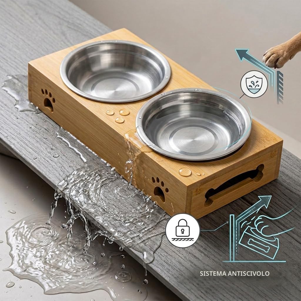 Edipets, Ciotole per Cani, Gatti, Abbeveratoio per Cani Gatti, Doppia e Tripla Rimovibile in Ceramica o Acciaio Inossidabile, Base Antiscivolo in Bambù (Acciaio Inox, Doppio)