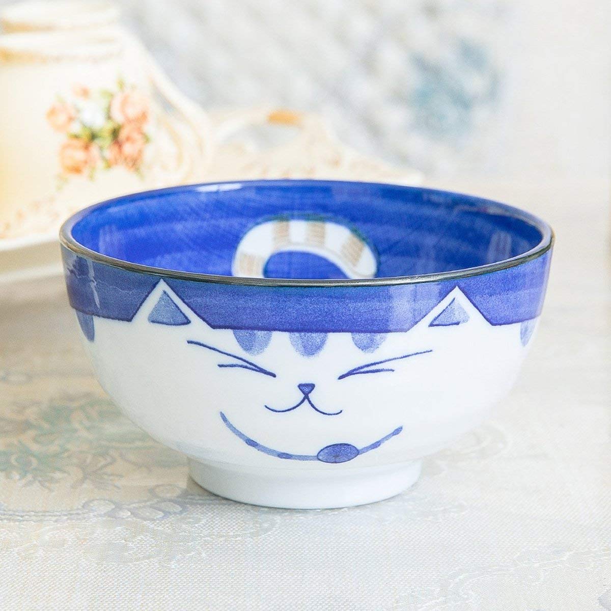 JapanBargain, Bol japonais en porcelaine - Bol à soupe - Bol à ramen fabriqué au Japon - Motif chat souriant Maneki Neko - 12,7 cm (4, bleu)