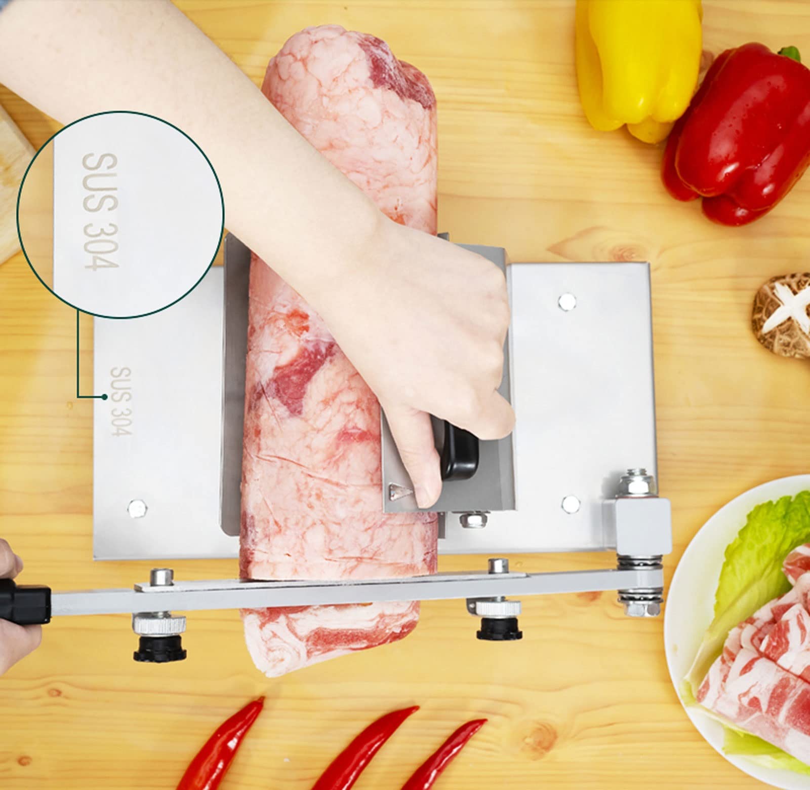 Cortafiambres Manual, Cortadora para Carne Congelada Vegetales y Frutas, Rebanadora de Carne de Acero Inoxidable con Entrega de Carne Asistida por Primavera, Grosor de la Rebanada: 0,25-10MM