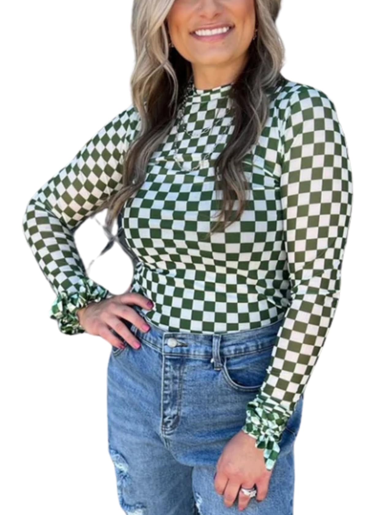 ChiyeeKiss Womens Pep Rally Checkered Mesh Shirt Game Day Spirit Sheer Tshirt Mock Neck Long Sleeves Bodycon Pullover Tops