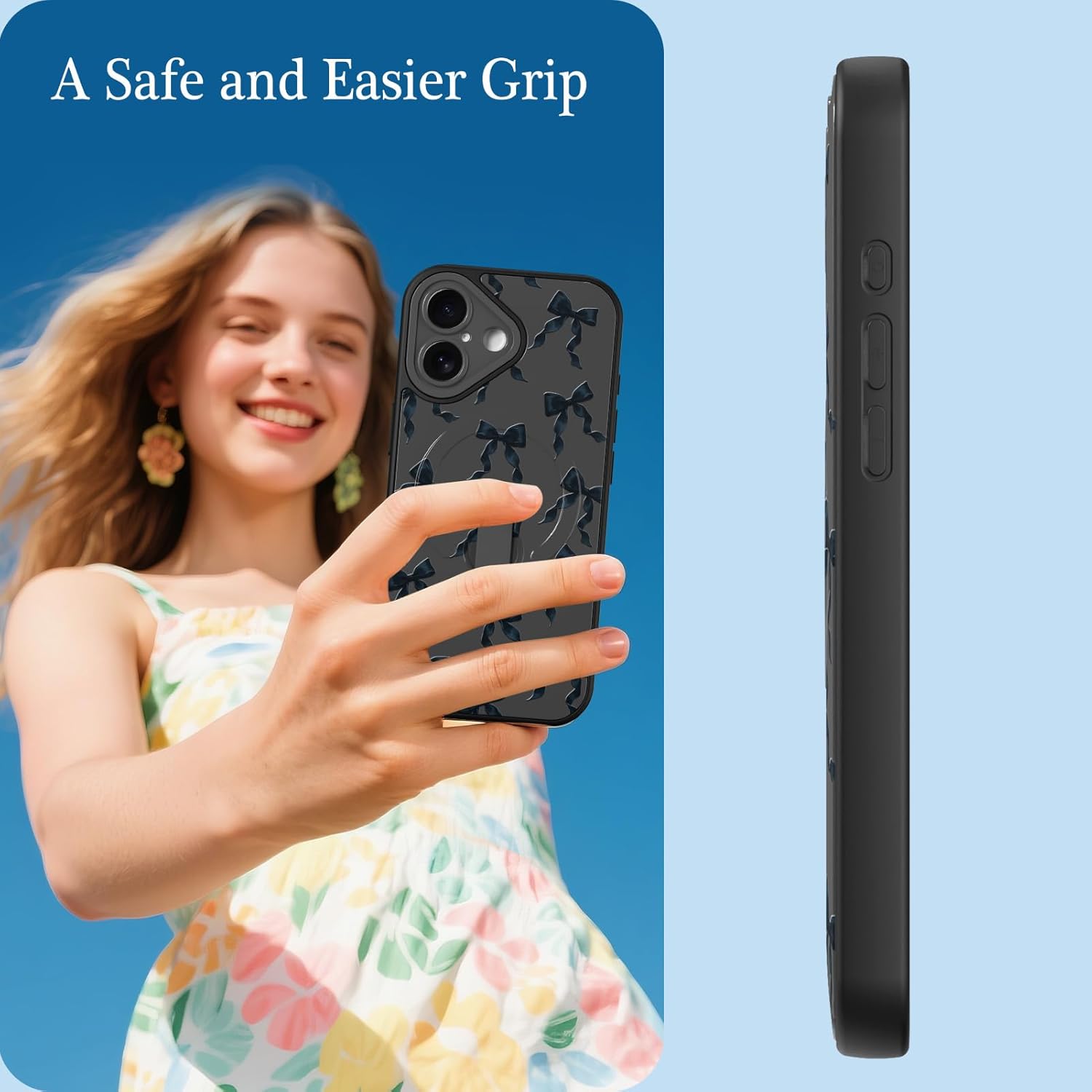 Fiyart Designed for iPhone 16 Case with Strap Kickstand Cute Bowknot for Women Girls Slim Fit Ribbon Bows Pattern Wrist Band Cover Compatible with Magsafe TPU Hard PC Back Shockproof 6.1"- Black