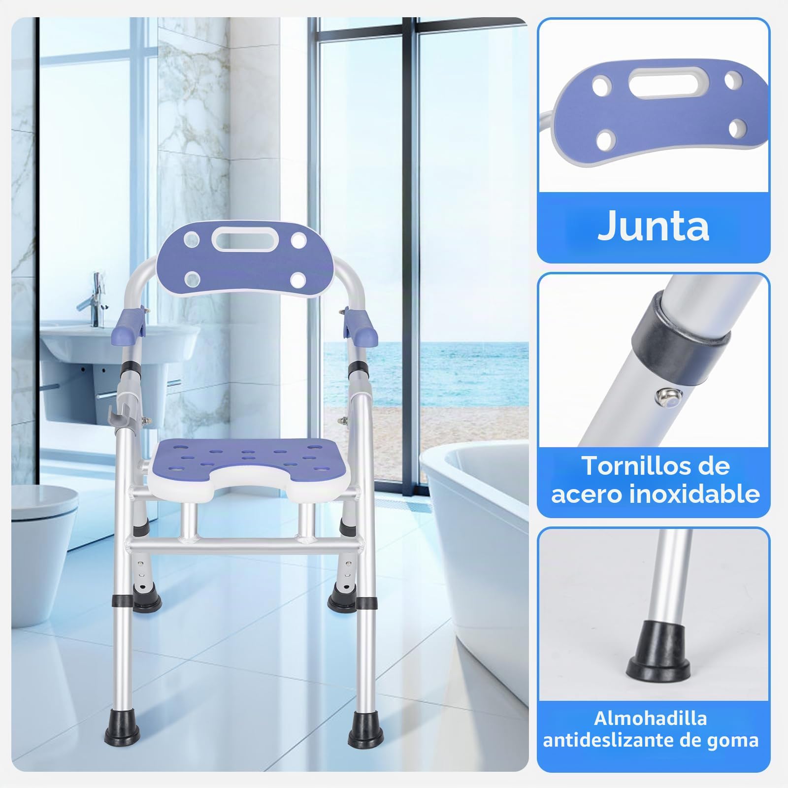 OUUTMEE Silla de ducha plegable con altura ajustable, silla de baño plegable con brazos y respaldo - Asiento de baño que ahorra espacio para la seguridad de los ancianos (blanco)