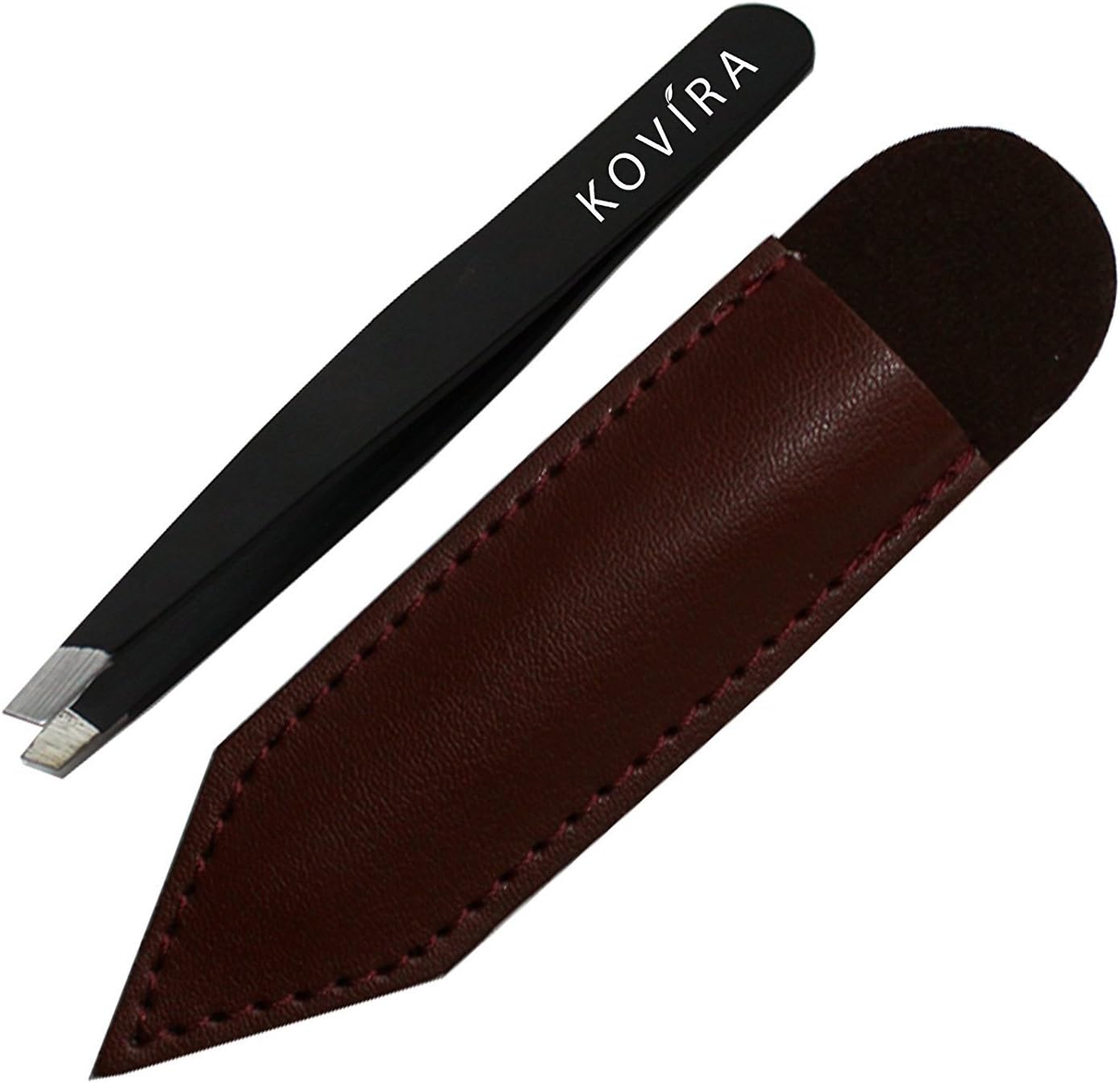 Premium Stainless Steel Slanted Precision Tweezer with Holder Case by Kovira - Professional Lightweight Tweezer Best for Eyebrow Plucking, Ingrown Hairs, Eyelash Application and Removing Splinters