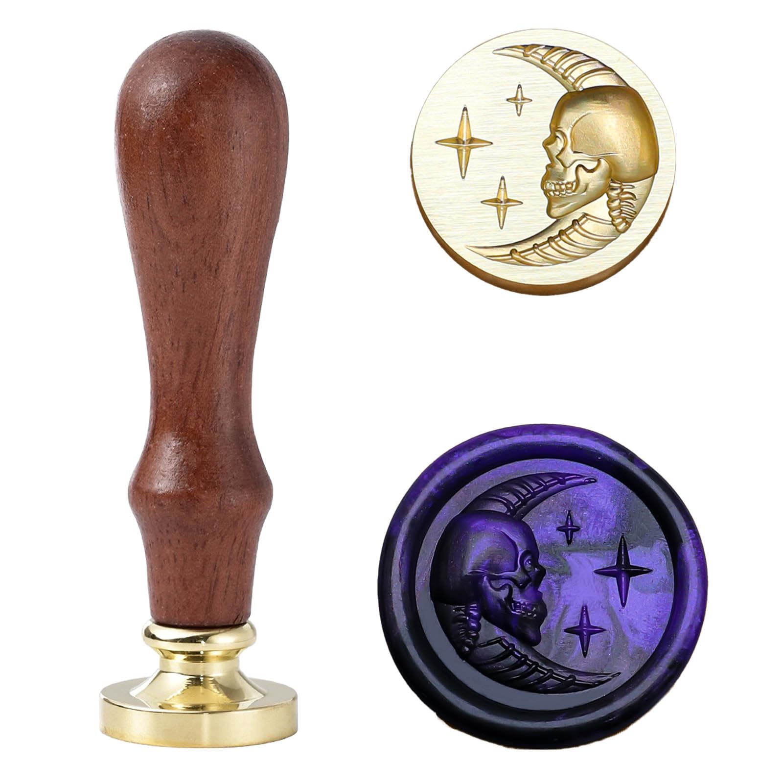 Halloween Wax Seal Stamp,Bent Moon Skull Stamp Head with Pearwood Handle for Creative DIY, Envelope Sealing, Invitations and Greeting Cards