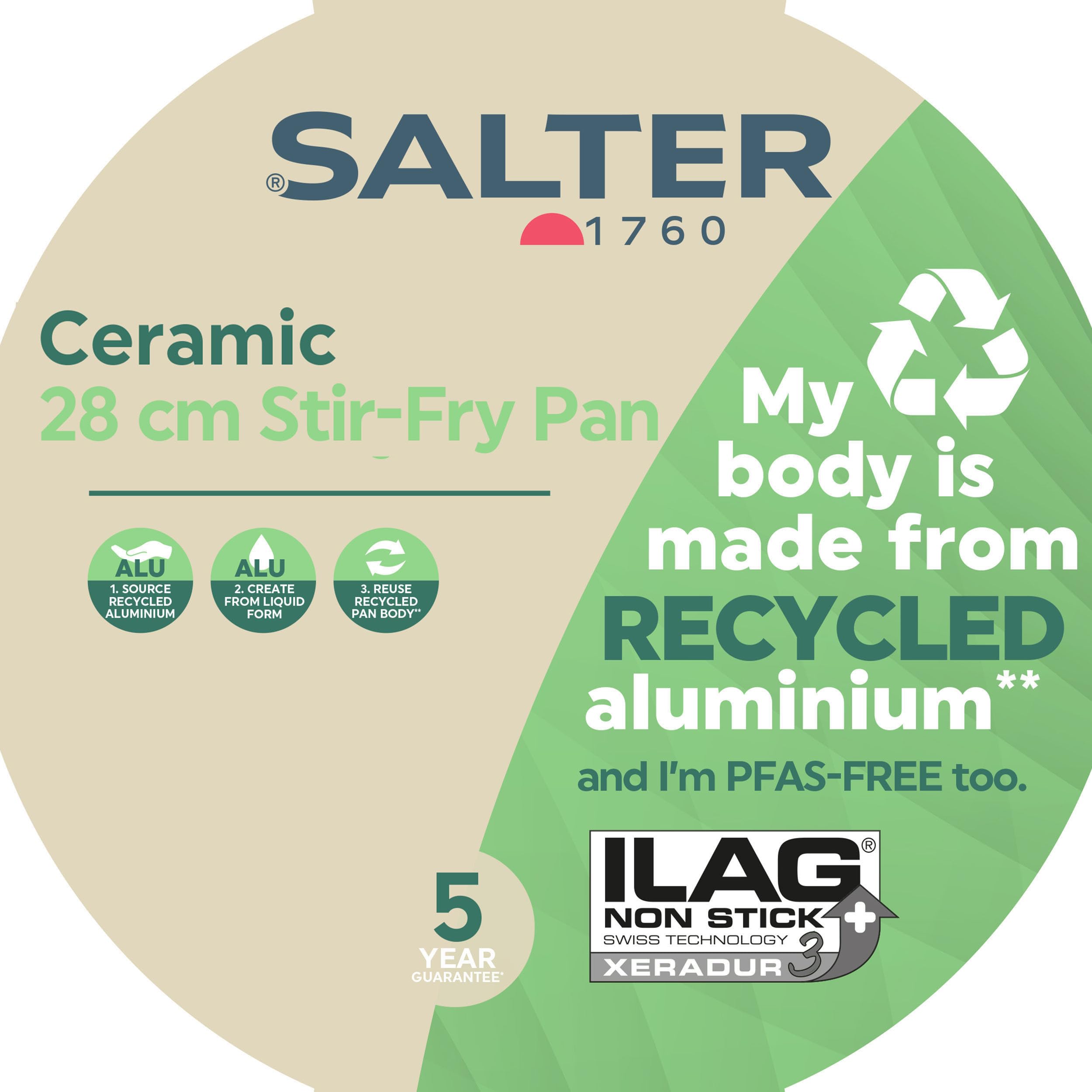 Poêle Céramique Salter 28cm - Antiadhésif Sans PFOA/PFAS - Aluminium Recyclé - Compatible Induction