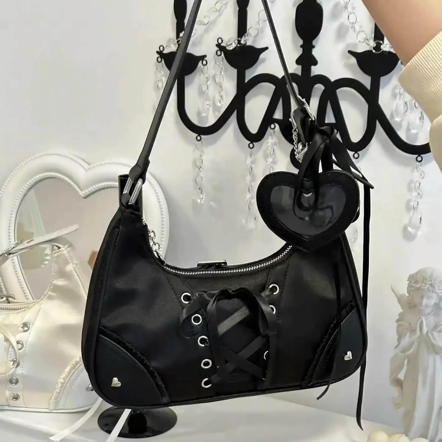 ita black y2k purse shoulder bag for women, gothic grunge lolita emo purses, pin display kawaii buckle studded bags, cute going out anime aesthetic handbag - Image 3