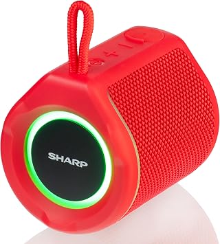 Sharp GX-BT190 Crystal Clear Series Portable Bluetooth Speaker | Waterproof IP67 Floats on Water | 15 Hour Playtime | 6 Mood Light Modes | True Wireless Pairing | Hands-Free Calling | Lanyard | Red