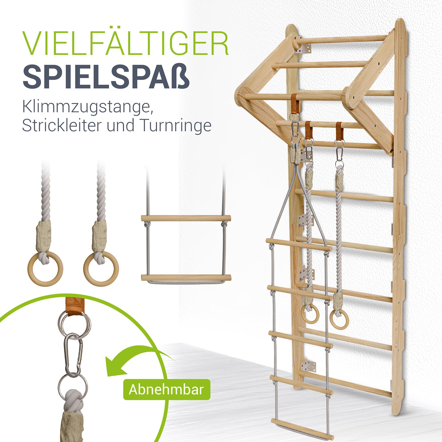 Juskys® Sprossenwand für Kinder - mit Klimmzugstange, Indoor Klettergerüst mit Turnringen und Strickleiter, Kletterwand fürs Kinderzimmer, Turnstange