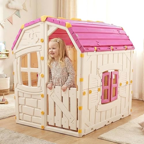 Miniatura 9 de Costzon Casa de juegos al aire libre, casa club de cabaña para niños con ventanas y puerta que se abren para habitación interior, jardín y patio