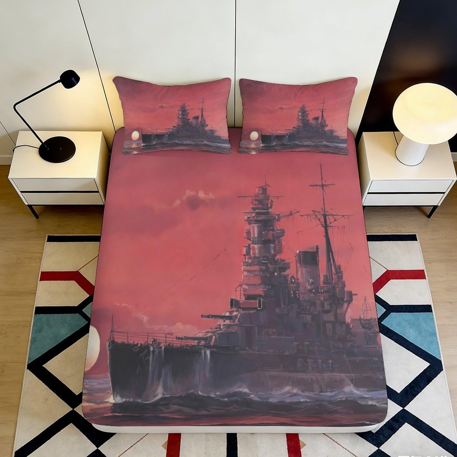 3D Printed Battleship Silhouette Fitted Sheet Microfiber Red Sunset Bed Cover Non-Slip Machine Washable Bedroom Decor 90x200x25cm